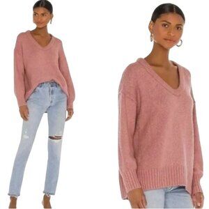 Free People Womens Brookside Sweater Oversized Tunic V-Neck Alpine Rose  Size S